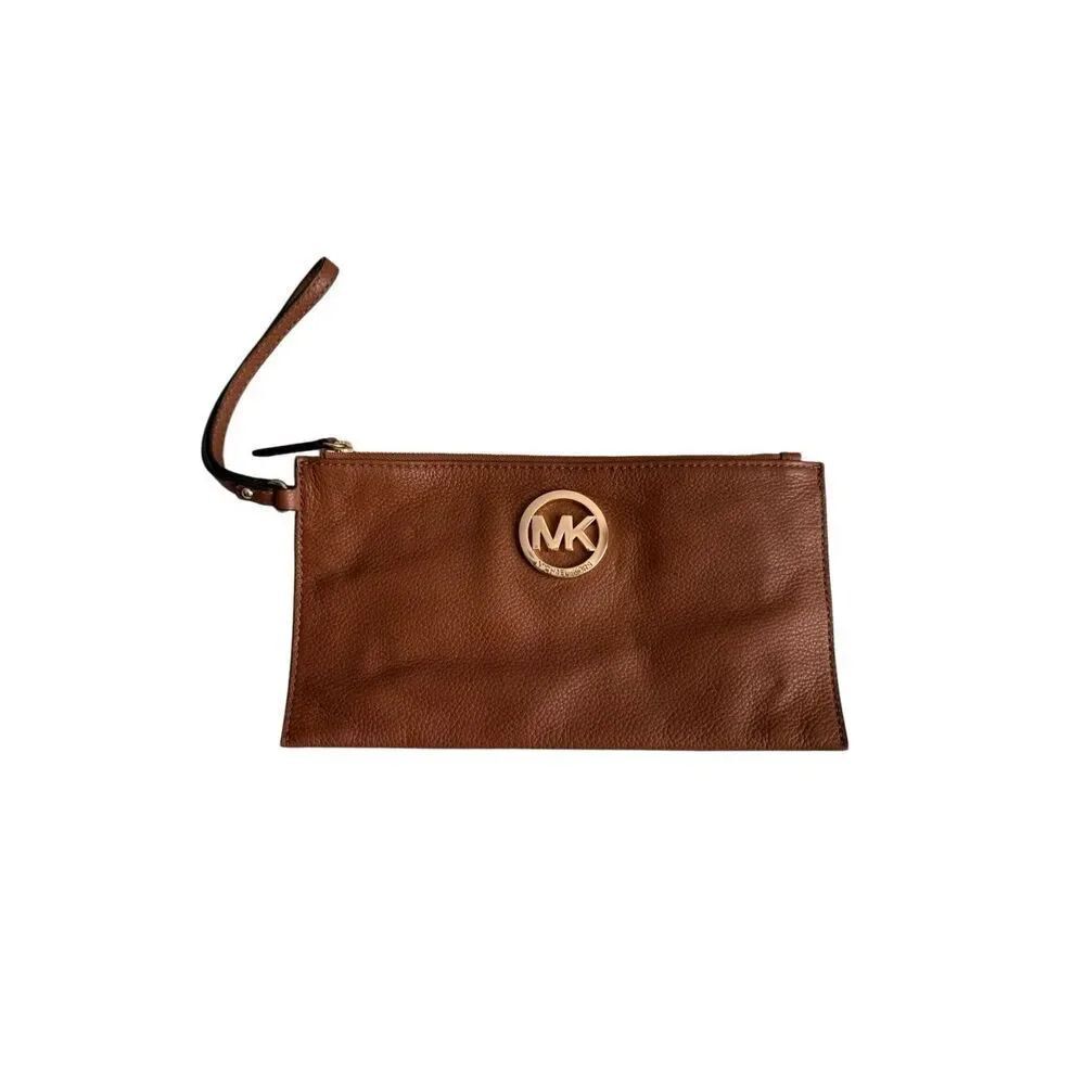 Michael Kors Womens Brown Fulton Pebbled Leather Zip Clutch Wristlet Size Large